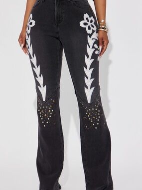 Fashion Nova Women's Black Embroidered Flared Jeans and Jacket.